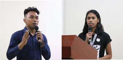 Mr. Reymar Christ Jay P. Montefalcon of the Southern Philippines Agri-Business and Marine and Aquatic School of Technology (SPAMAST) (left) and Ms. Lilianie L. Yorong of CVSC during their thesis pitching.