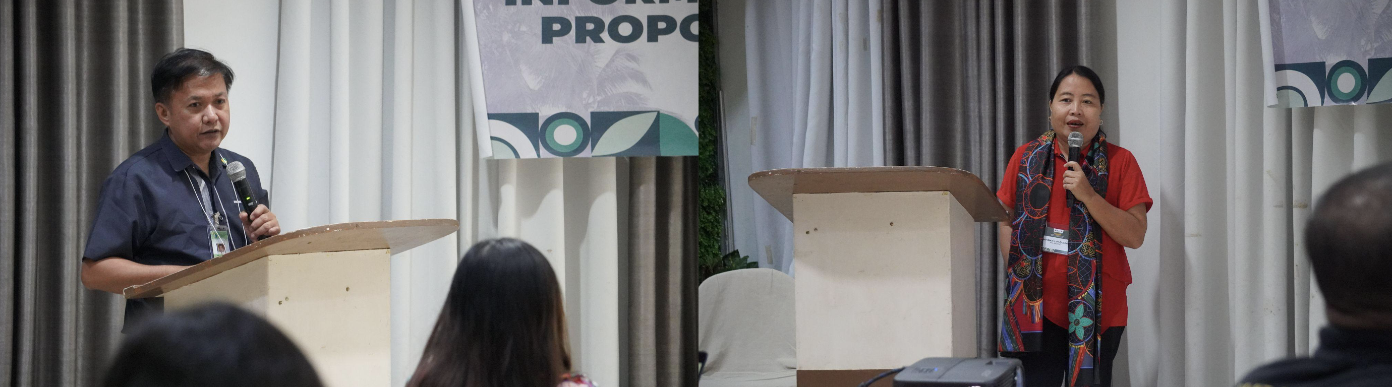PCA Region VI Regional Manager Neil J. Melencion (left) and PCA CFIDP Focal Person for Region VII Aurora L. Paquibot (right) presented the coconut industry status in their respective regions during the CHP Regional Information Caravan and Proposal Writeshop (Image credit: Crops Research Division, DOST-PCAARRD).