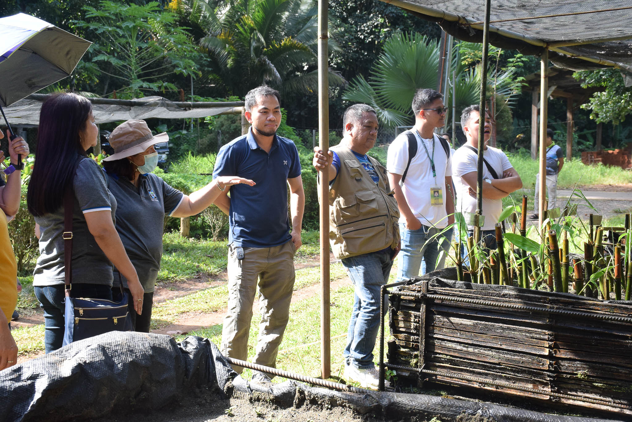 PCAARRD-FERD team headed by Dr. Nimfa K. Torreta and CMU's Dr. Adrian Tulod discussing during the visit in the CMU clonal nursery.