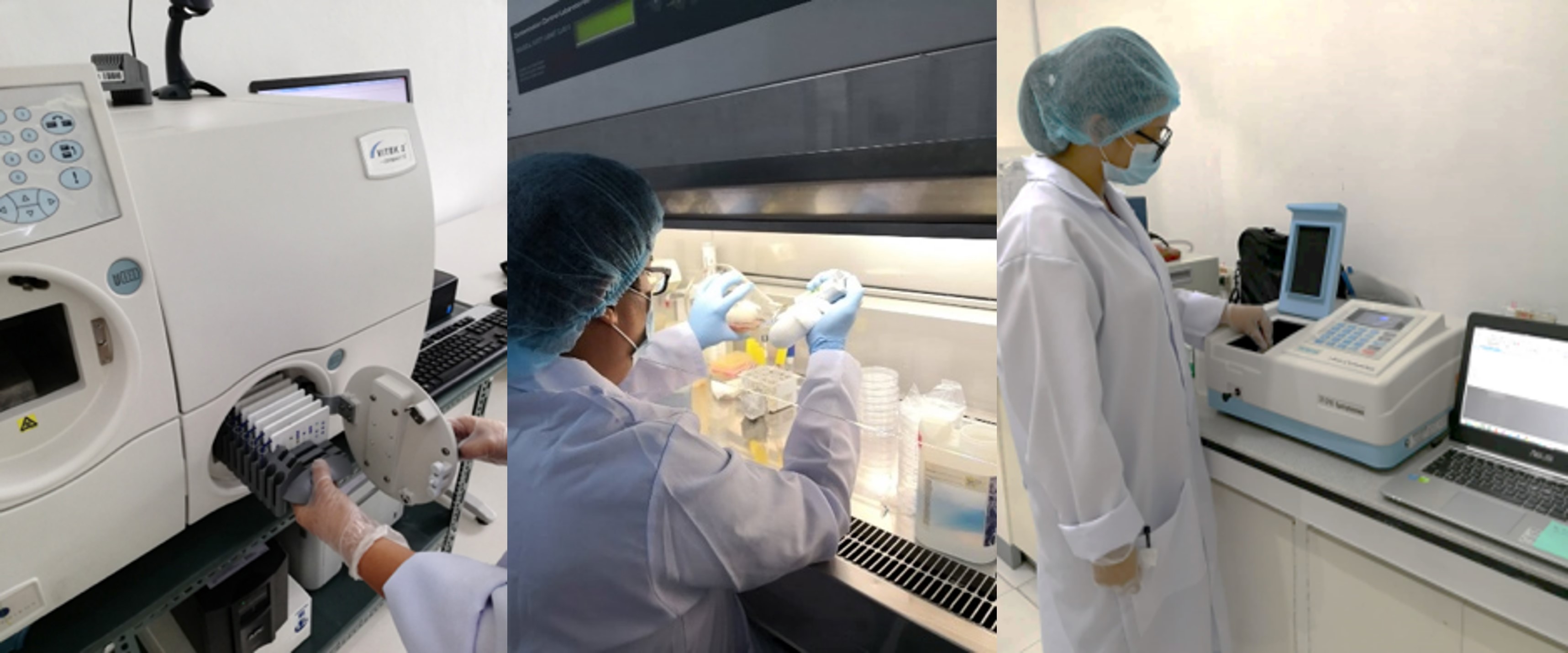 (Left) Automated biochemical identification of microorganisms; (Center) Food microbiological analysis through cultural method; (Right) Measurement of bacterial density for biomass production (Image credit: DOST-ITDI)